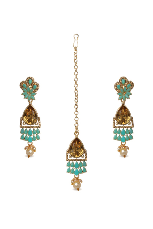 Drop Style Earring & Maangtika Set with Seafoam Green Stones