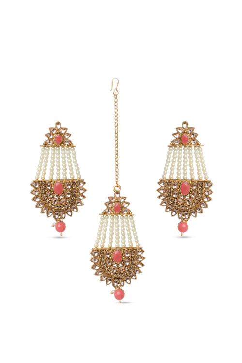 Kundan & Pearl Drop Style Earrings with Maangtika