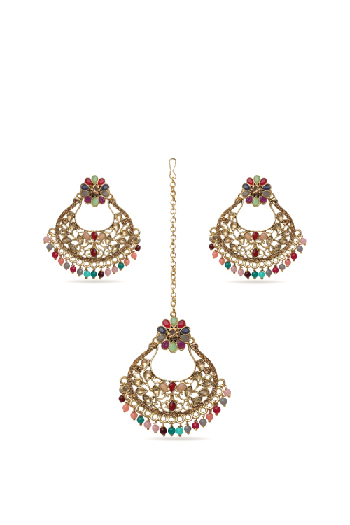 Multicolor Beaded Kundan Maang Tikka & Earring Set