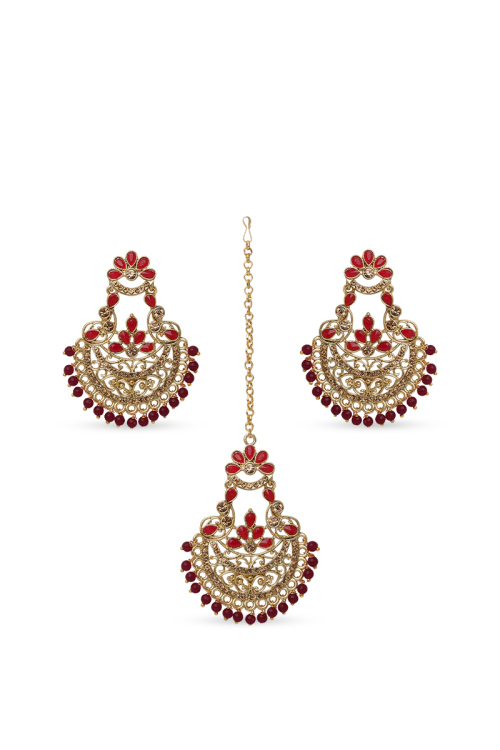 Red Stone Maang Tikka & Earrings with Golden Filigree