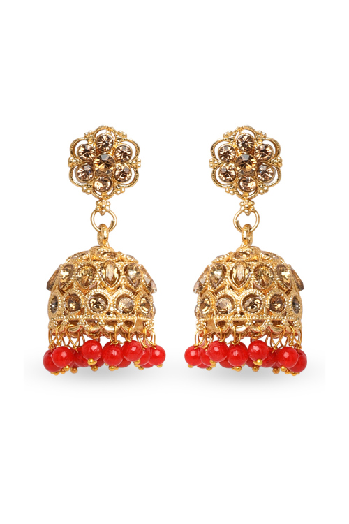 Red Stone Studded Stud Jhumka Earrings