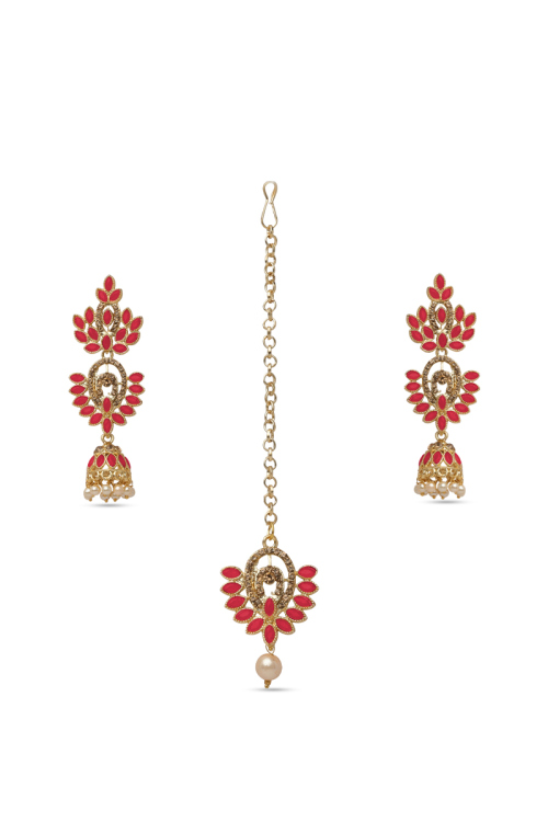 Jhumka Style Drop Earrings with Stones, Pearls & Maangtika