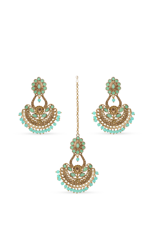 Chandbali Earring Set with Persian Green Beads & Stones