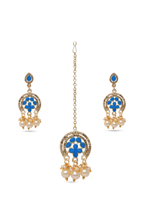 Drop Style Earrings with Stone Studded Pearls & Maangtika
