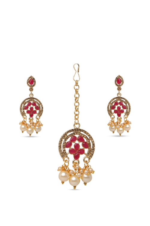 Gold Plated Drop Earrings with Magenta Stones & Maangtika