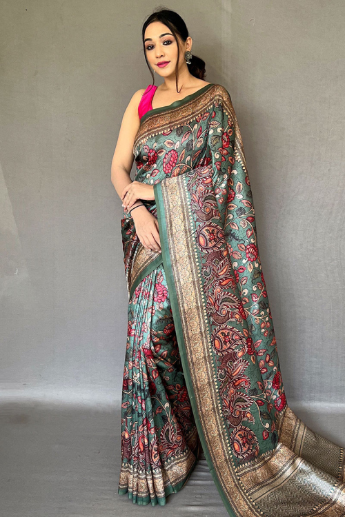 Kalamkari Printed Silk Greenish Grey Saree