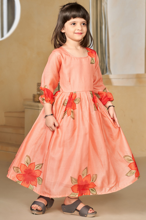 Kota Doria Printed Light Orange Casual Wear Kurti