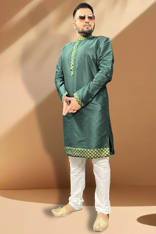 Lace Art Silk Bottle Green Straight Cut Men's Kurta Churidar