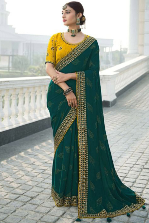 Lace Embroidered Chiffon Teal Green Saree