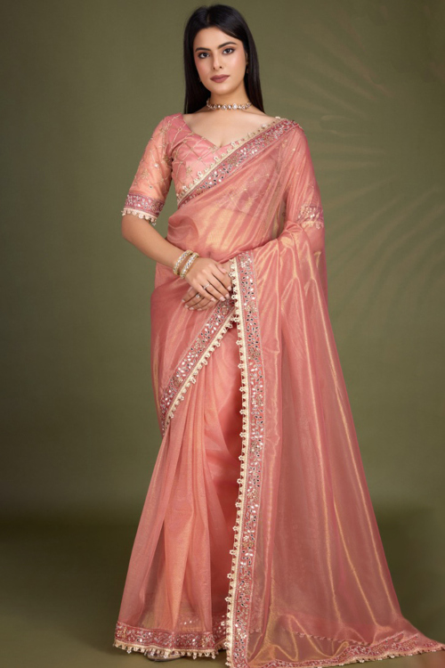 Lace Embroidered Coral Pink Sangeet Net Saree
