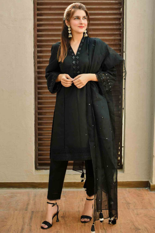 Lace Embroidered Cotton Silk Black Pakistani Trouser Suit