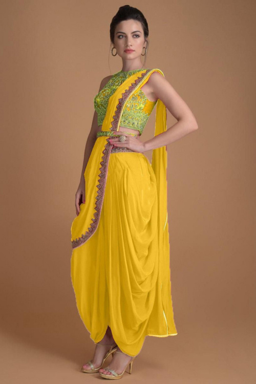 Lace Embroidered Georgette Yellow Dhoti Style Saree