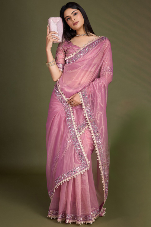 Lace Embroidered Lavender Pink Sangeet Net Saree