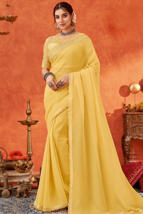 Lace Embroidered Light Yellow Chiffon Light Weight Saree 