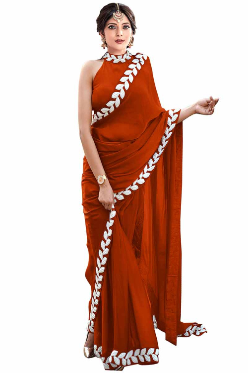 Lace Embroidered Silk Tomato Red Saree