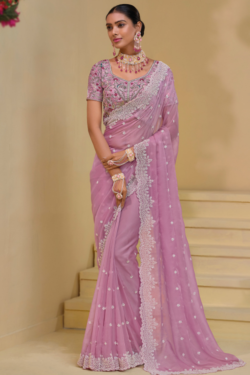 Lavender Pink Beads Embroidered Silk Saree For Sangeet 