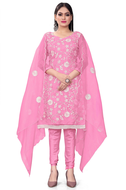 Lavender Pink Casual Wear Embroidered Organza Churidar Suit 
