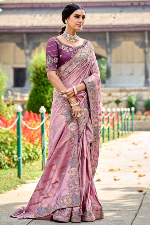 Lavender Pink Heavy Resham Embroidered Saree In Silk 