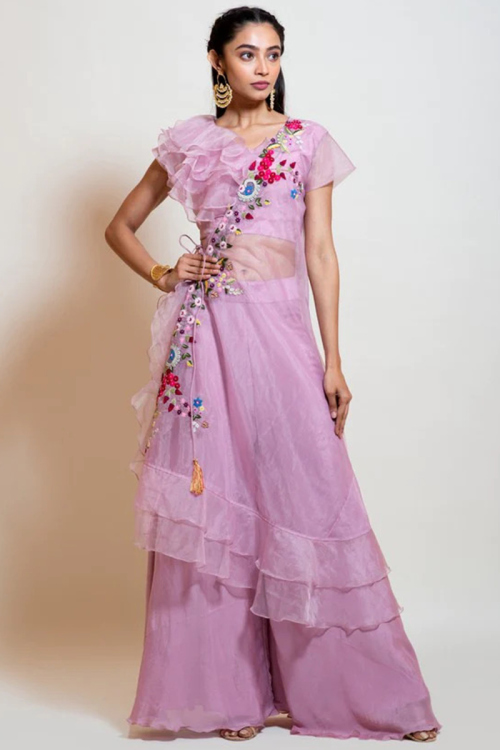 Lavender Pink Organza Palazzo Suit With Designer Jacket