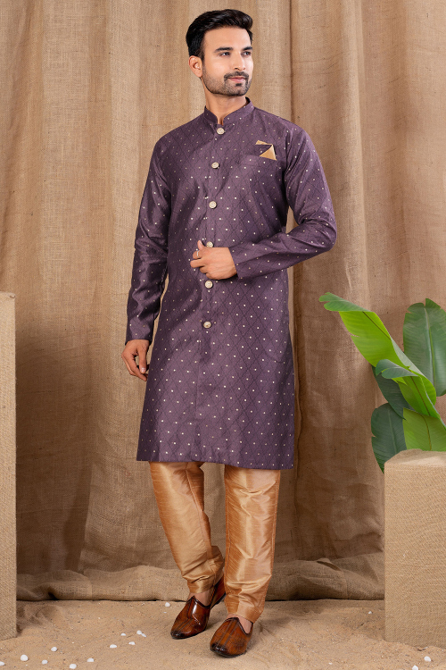 Lavender Purple Art Silk Men&#039;s Kurta Pajama With Printed Work