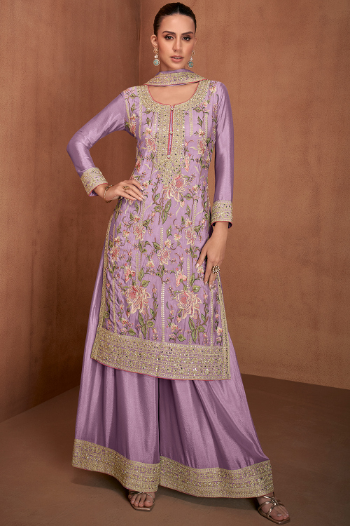Lavender Purple Chinnon Embroidered Straight Cut Palazzo Suit
