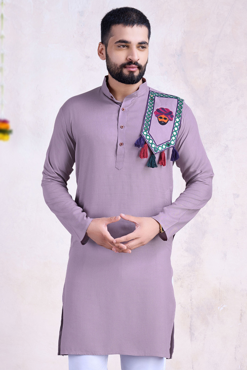 Lavender Purple Rayon Straight Cut Men's Embroidered Kurta