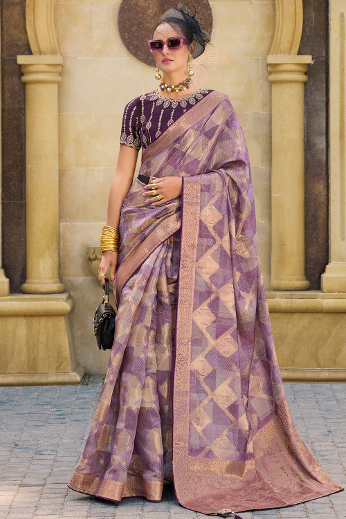 Lavender Purple Silk Blend Saree With Weaved Work For Diwali