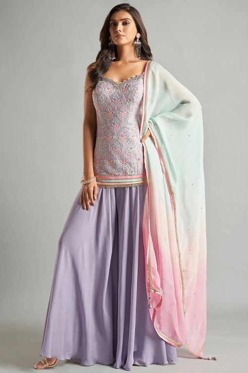 Lavender Purple Silk Embroidered Palazzo Suit