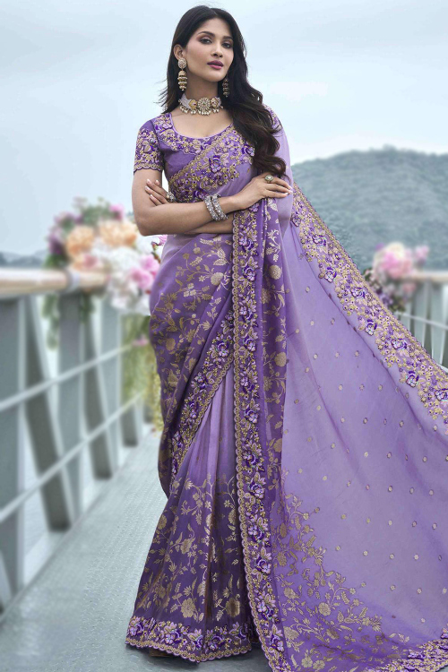 Light Purple Viscose Silk Embroidered Light Weight Saree