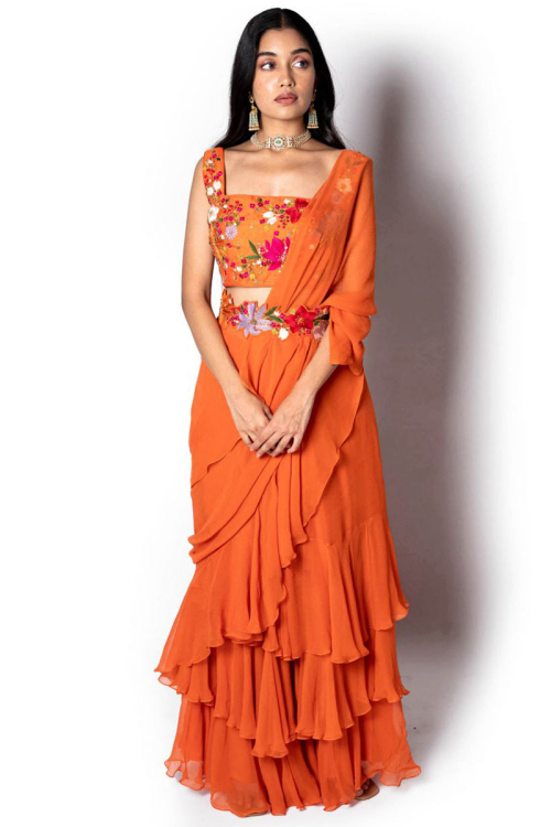Layered Style Chiffon Orange Indo Western Saree