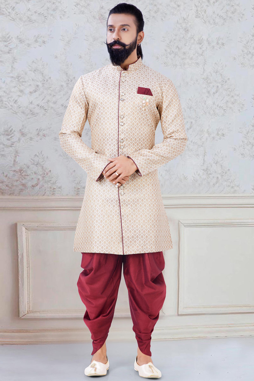 Light Beige Brocade Men Sherwani With Dhoti