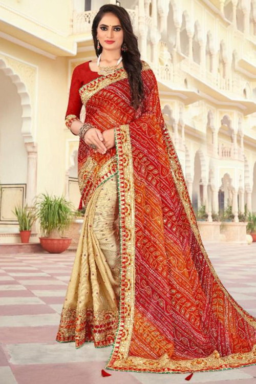 Light Beige Chiffon Bandhej Saree