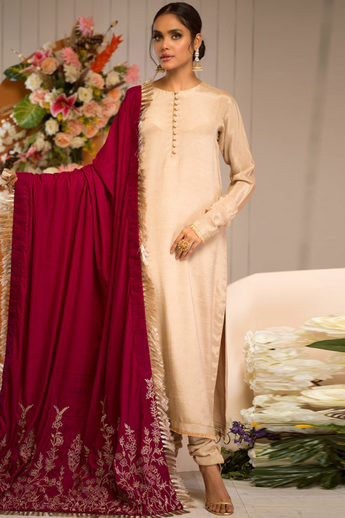 Light Beige Pakistani Churidar Salwar Kameez with Elegant Lace Detail