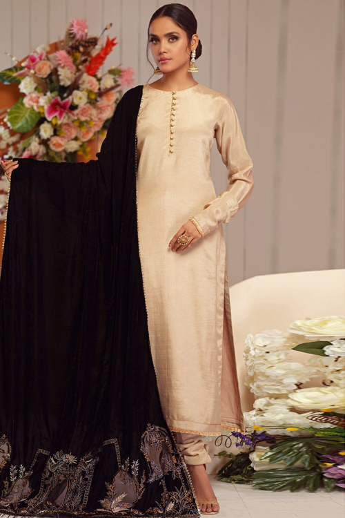 Lace Work Pakistani Churidar Salwar Kameez in Light Beige for Day Functions