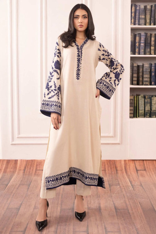 Light Beige Cotton Silk Embroidered Straight Cut Trouser Suit