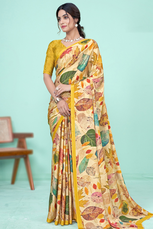 Light Beige Crepe Light Weight Leaf Print Saree