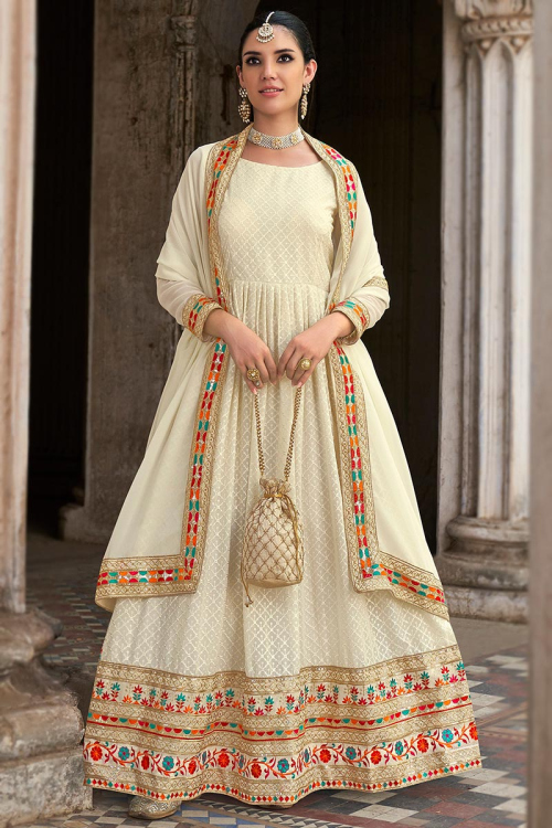 Light Beige Georgette Anarkali with Indian Style Churidar Suit for Party