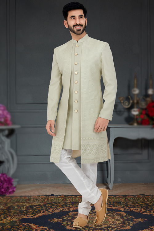Light Dusty Green Jacquard Jacket Style Men's Sherwani for Wedding & Party