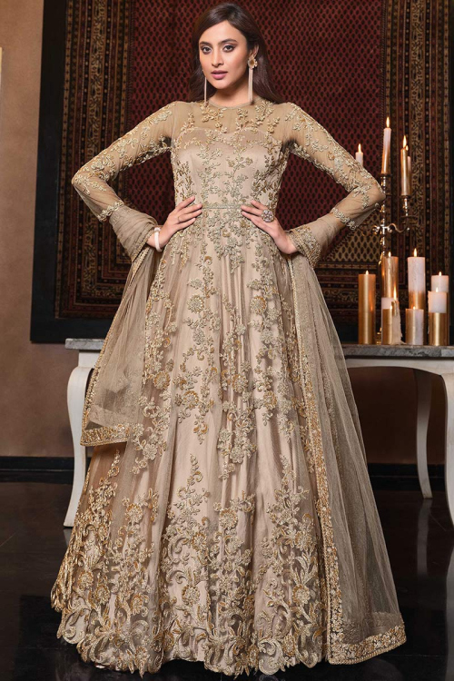 Light Beige Net Embroidered Anarkali Bridal Salwar Kameez