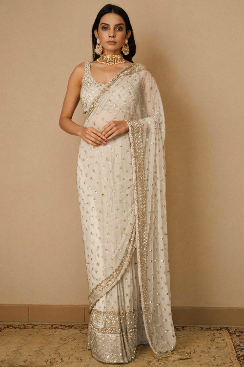 Light Beige Net Sequins Embroidered Cocktail And Wedding Saree