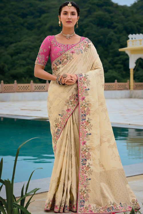 Light Beige Silk Blend Embroidered Heavy Work Saree