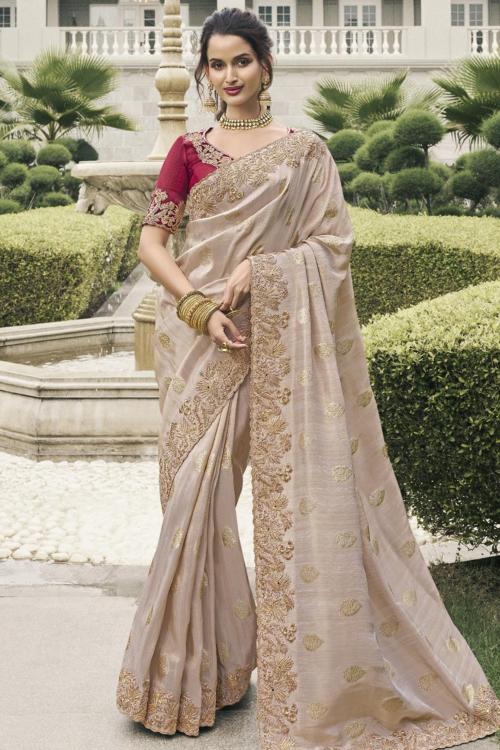 Light Beige Silk Embroidered Light Weight Saree 