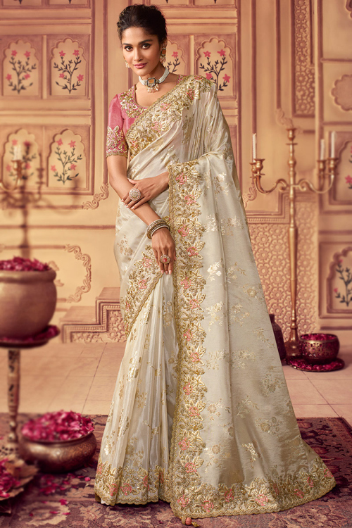 Light Beige Silk Woven Saree with Sequins embroidery