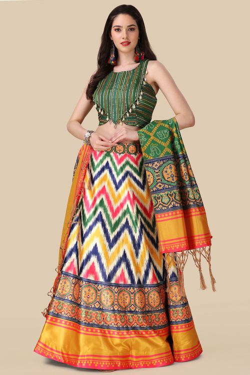 Halter Neck Beige Silk Lehenga with Sea Green Dupatta