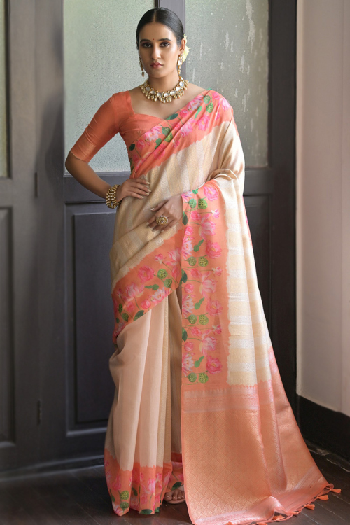 Light Beige Silk Printed Broad Border Saree for Celebrations