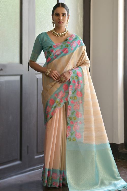 Light Beige Silk Saree with Thread Zari and Printed Design