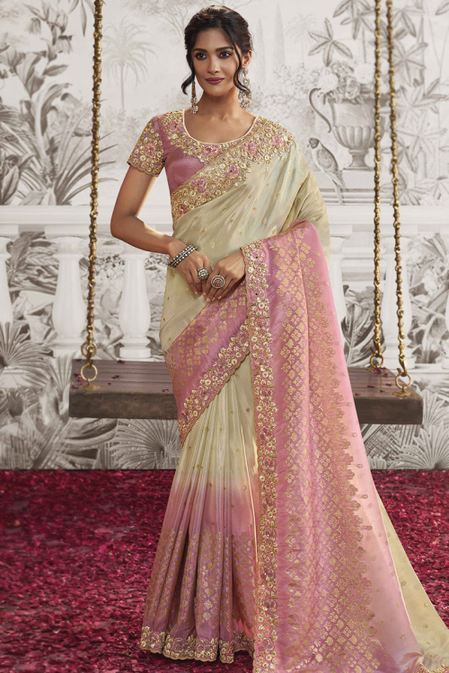 Light Beige Soft Silk Resham Thread Embroidered Ombre Saree