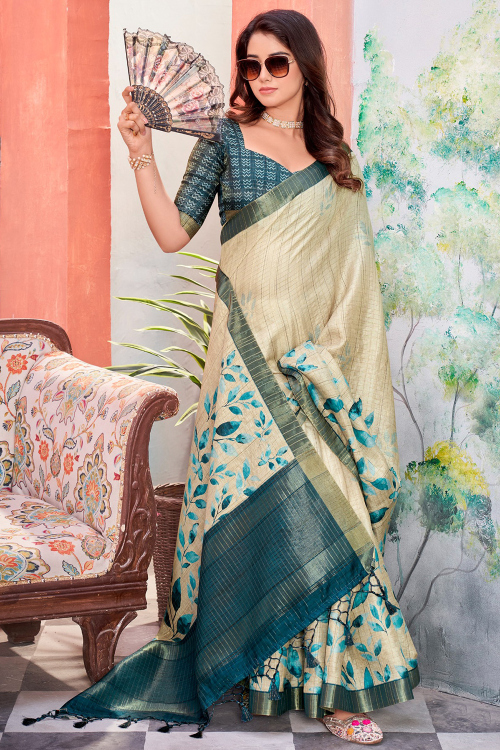 Light Beige Soft Silk Saree With Printed Work For Casual Wear