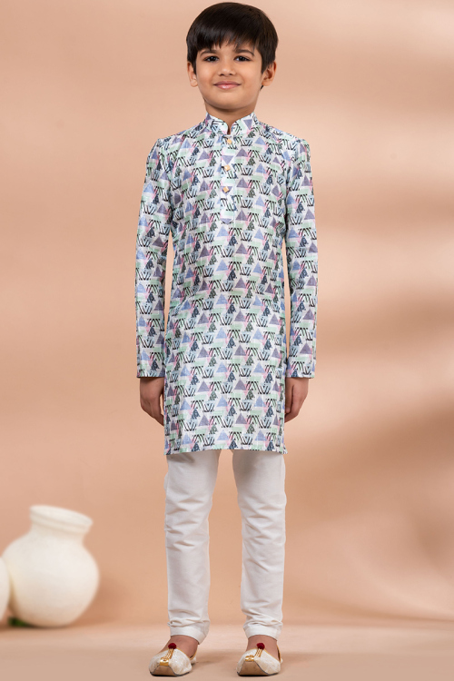 Light Beige Straight Cut Cotton Printed Boy's Kurta Pajama 