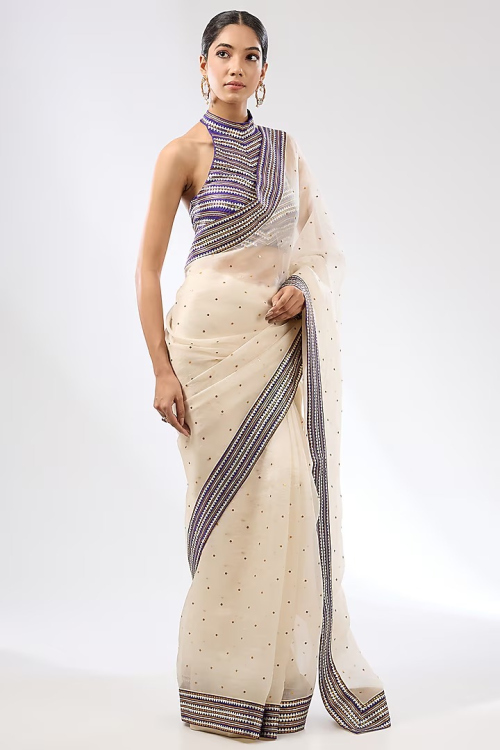 Light Beige Tissue Squins Embroidered Light Weight Saree